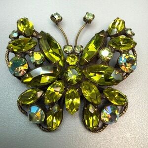 REGENCY Vintage Green Rhinestone Butterfly Brooch 1950s MCM Signed Whimsical